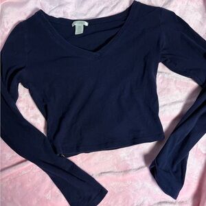 Navy Blue V-Neck Long Sleeve Cropped Women's Top